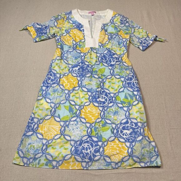 Lilly Pulitzer Andover Dress 4 Blue Yellow Lined Floral Monkey Lemon Pockets - Picture 1 of 9